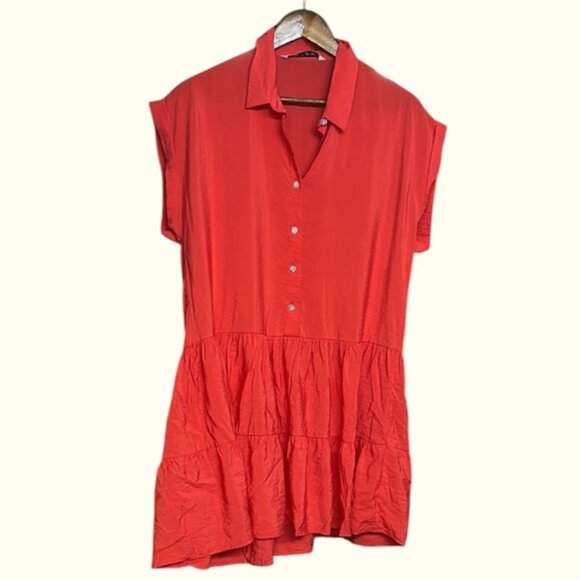 Zara Coral Jeweled Button Short Sleeve Button Down Shirt Dress Beachy cottage - Picture 1 of 10